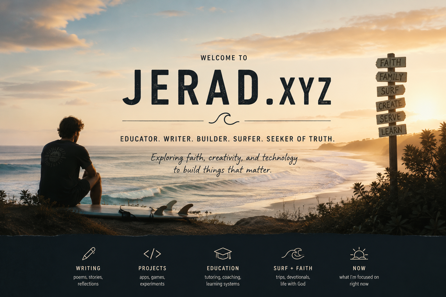 Welcome to Jerad.xyz header over a sunset surf coastline with words for faith, family, surf, create, serve, and learn
